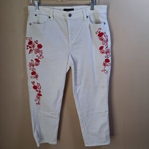 Talbots Flawless Five Pocket Crop White Jeans W/Red Floral Embroidery; Size 10
